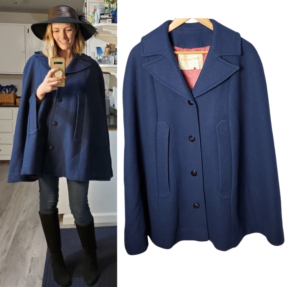 *RARE* Vintage 1970's Pendleton Navy Blue Virgin Wool Poncho Cape